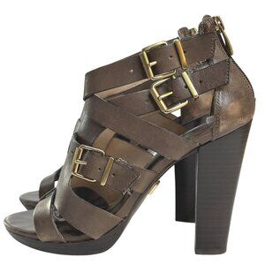 Pour La Victoire Platform Strappy Brown Leather Double Buckle Shoes Sz 84" H Sz